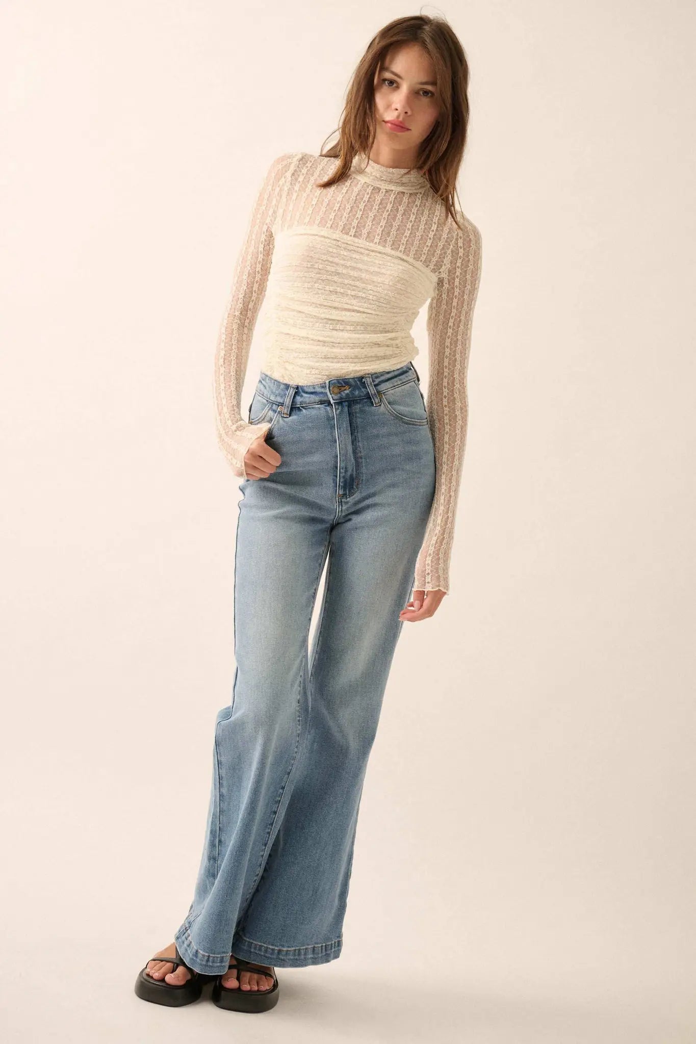 Belle Amour Ruched Striped Lace Mock-Neck Bodysuit