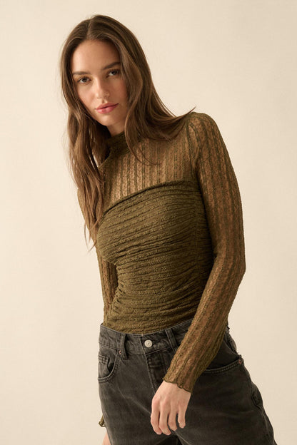 Belle Amour Ruched Striped Lace Mock-Neck Bodysuit