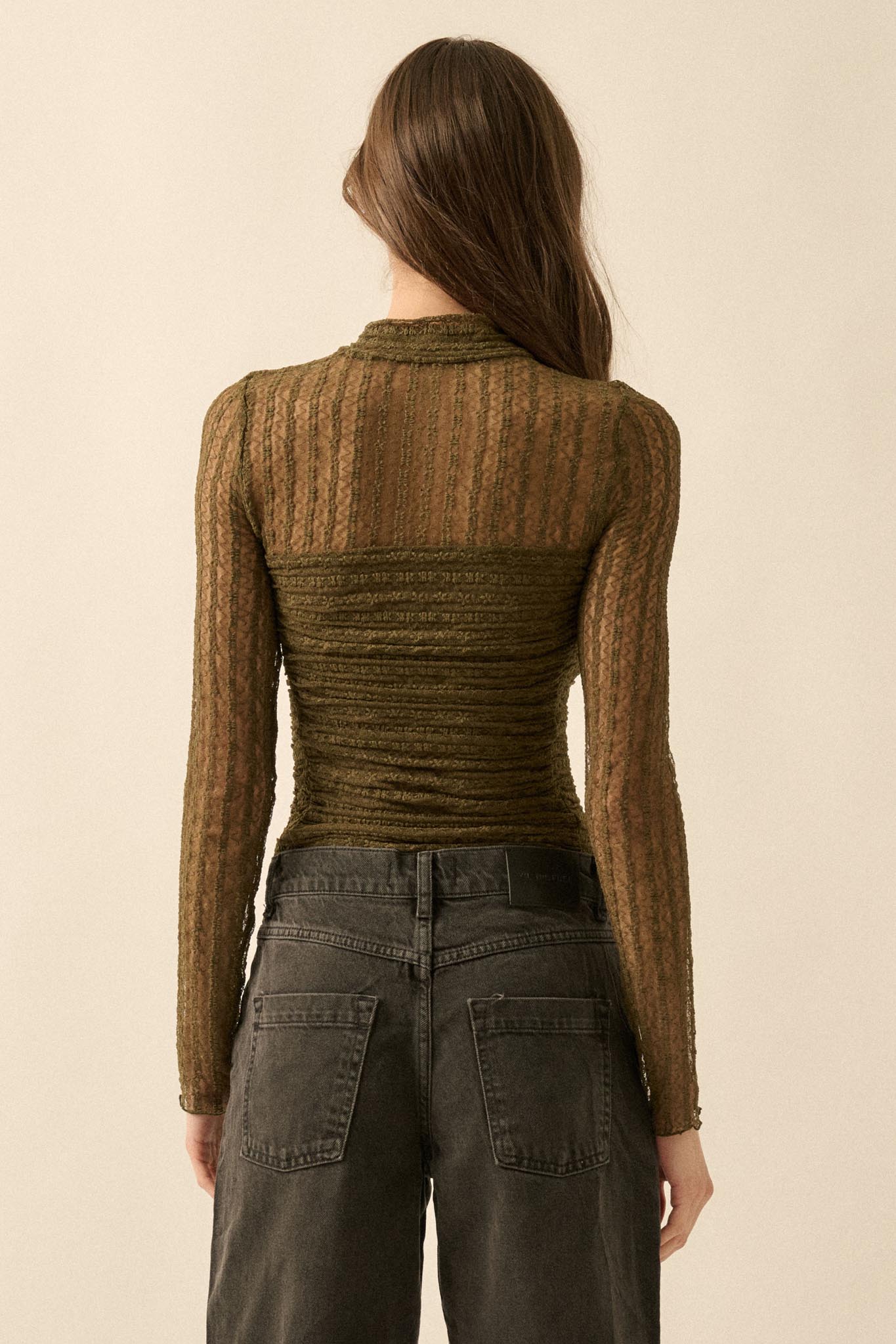 Belle Amour Ruched Striped Lace Mock-Neck Bodysuit