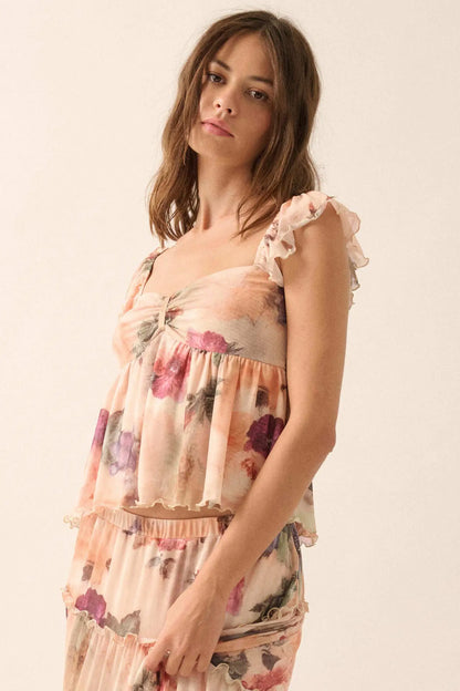 First Blush Floral Mesh Ruffle Babydoll Cami Top