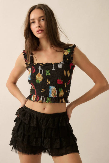 Ciao Bella Printed Mesh Smocked Cropped Tank Top