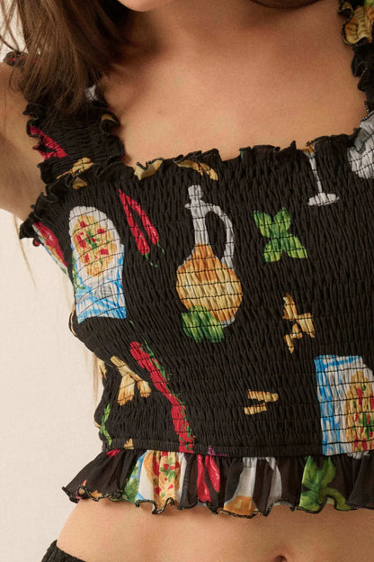 Ciao Bella Printed Mesh Smocked Cropped Tank Top