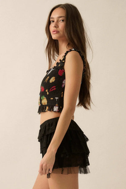 Ciao Bella Printed Mesh Smocked Cropped Tank Top