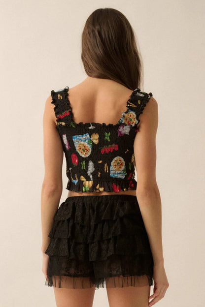 Ciao Bella Printed Mesh Smocked Cropped Tank Top