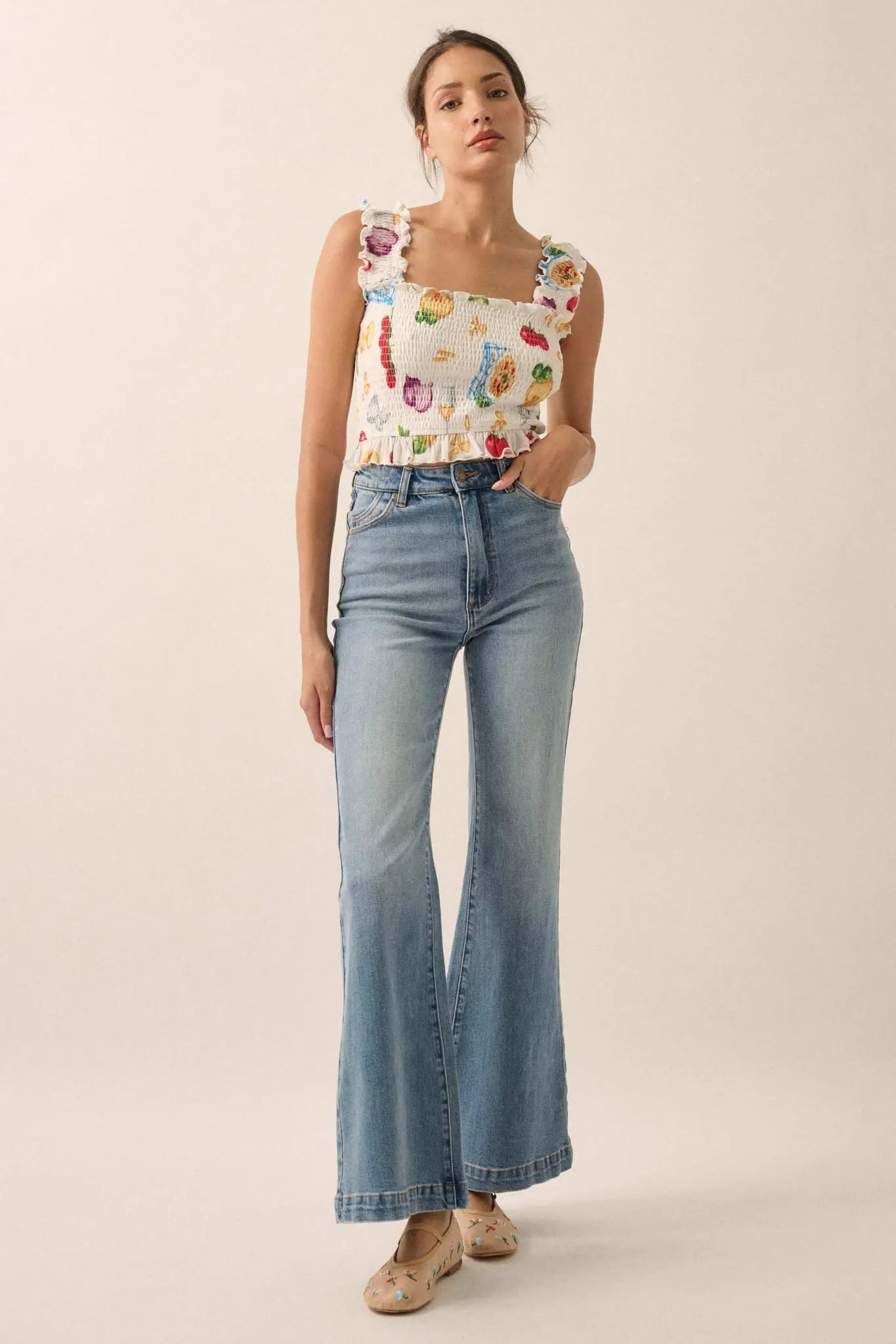 Ciao Bella Printed Mesh Smocked Cropped Tank Top