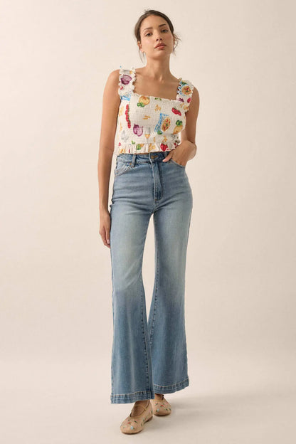 Ciao Bella Printed Mesh Smocked Cropped Tank Top