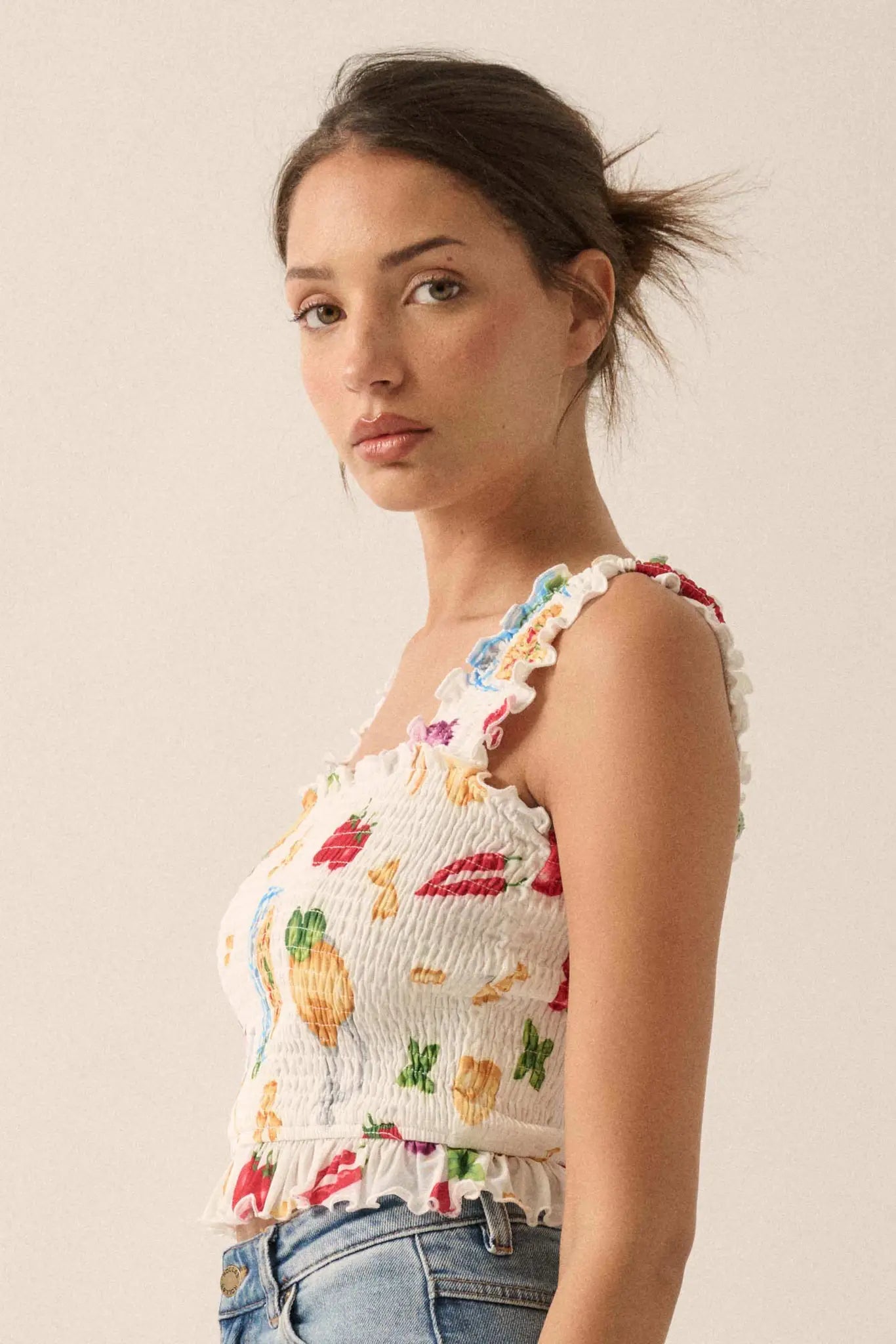 Ciao Bella Printed Mesh Smocked Cropped Tank Top