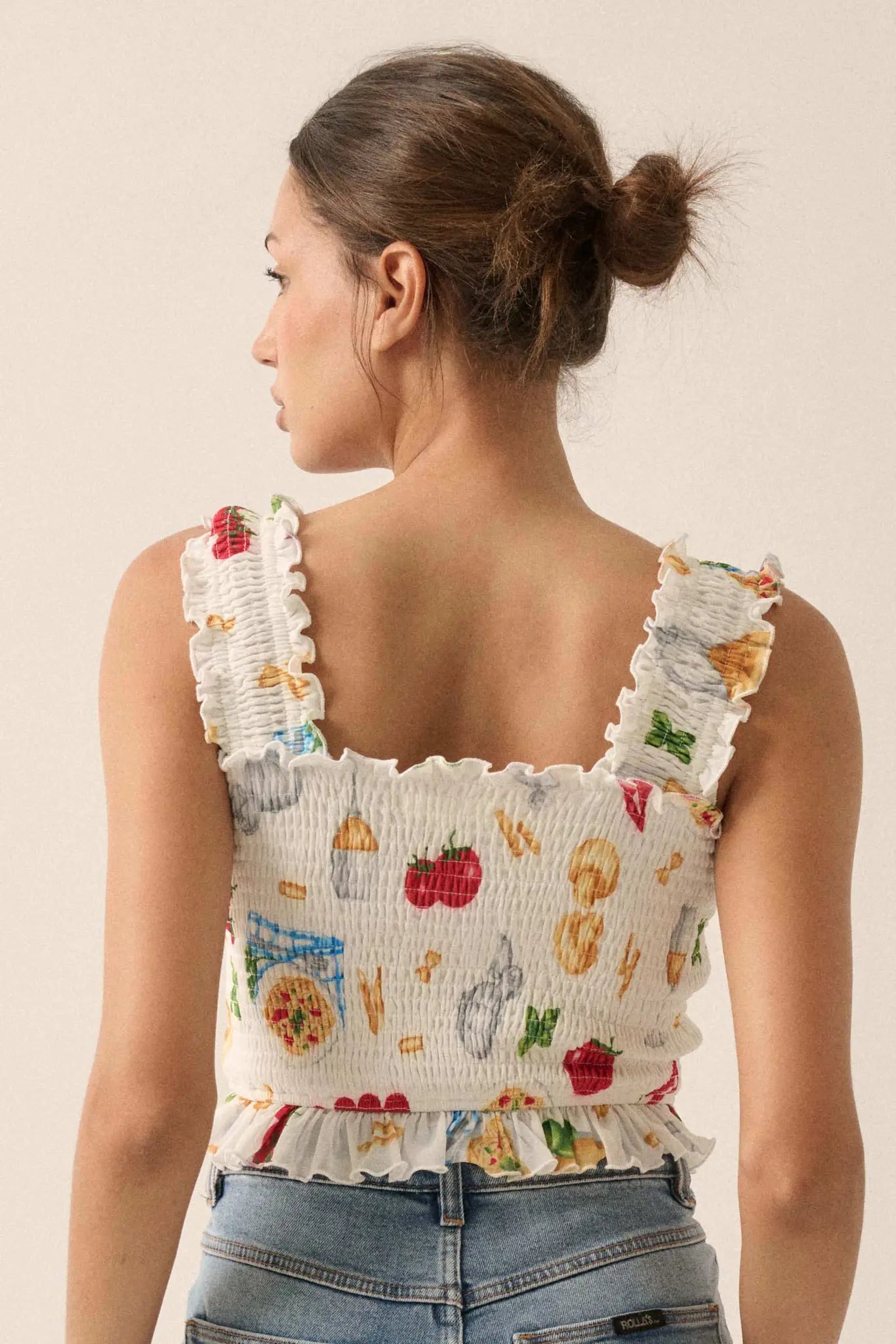 Ciao Bella Printed Mesh Smocked Cropped Tank Top