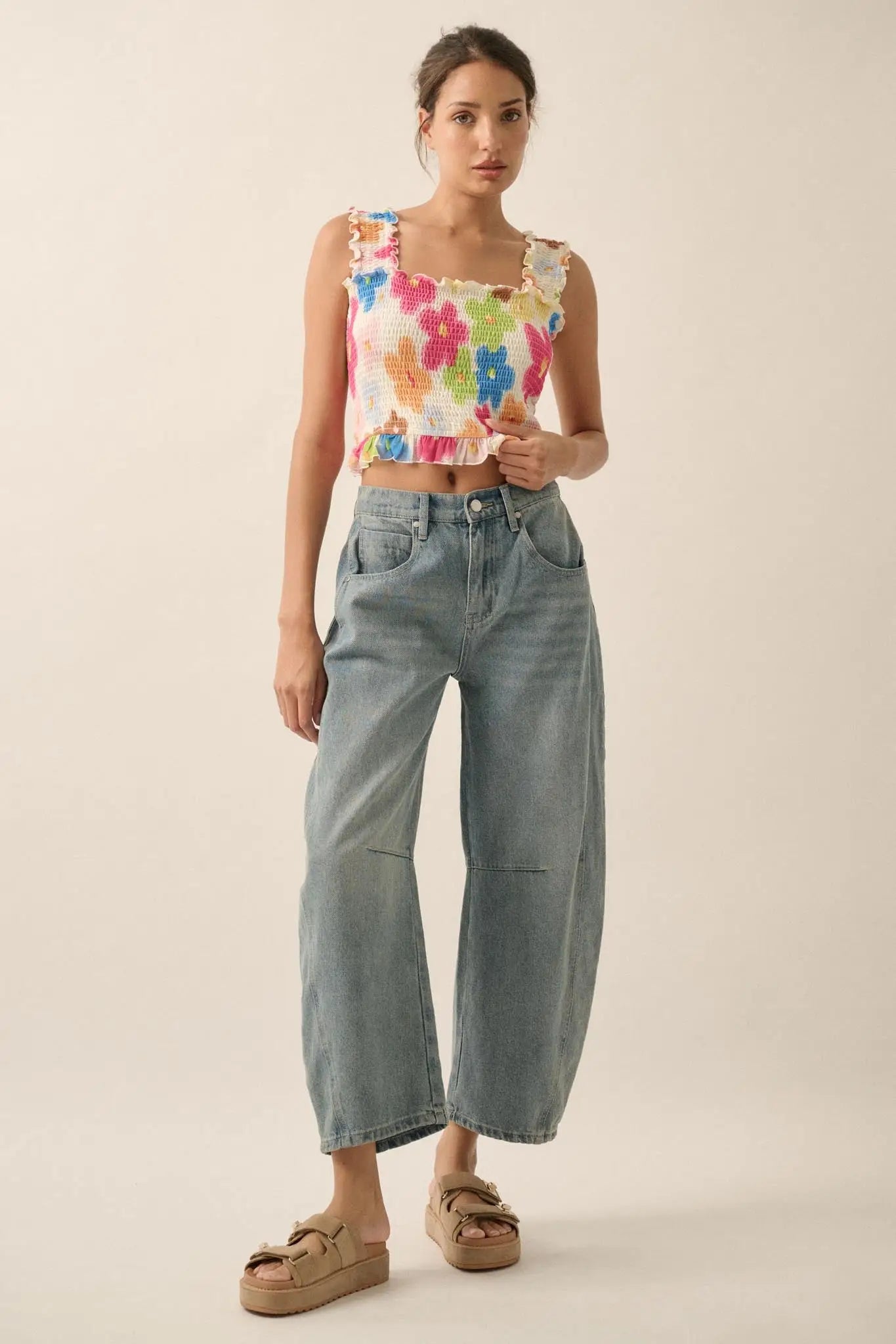 Funky Flowers Smocked Floral Mesh Ruffle Tank Top