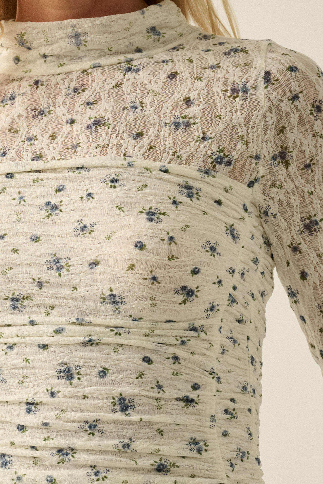 Forget Me Not Floral-Print Lace Ruched Bodysuit