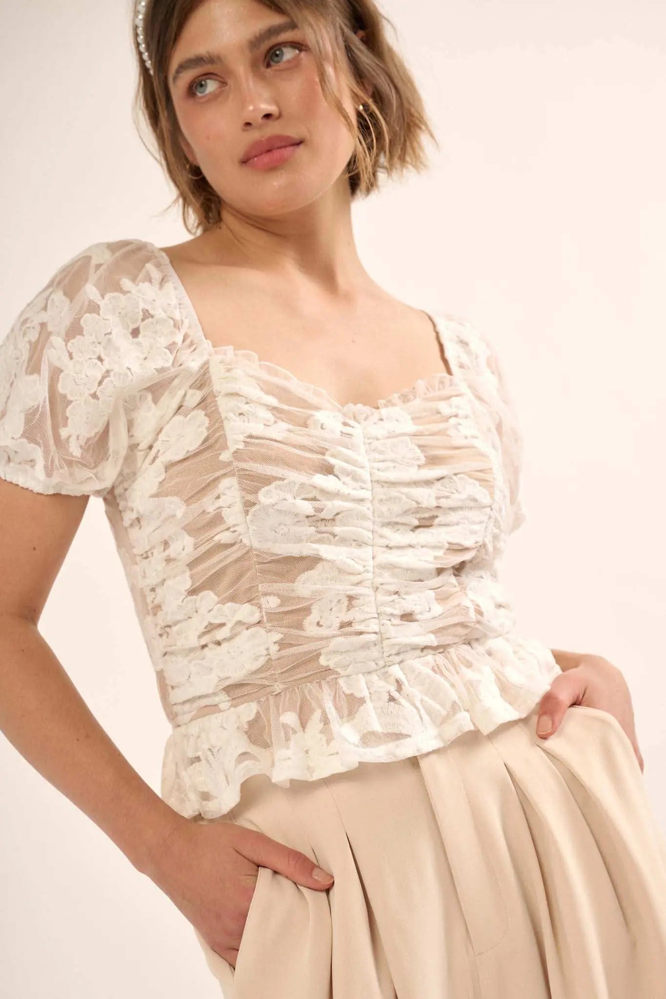 Heavenly Heart Embroidered Lace Puff-Sleeve Top