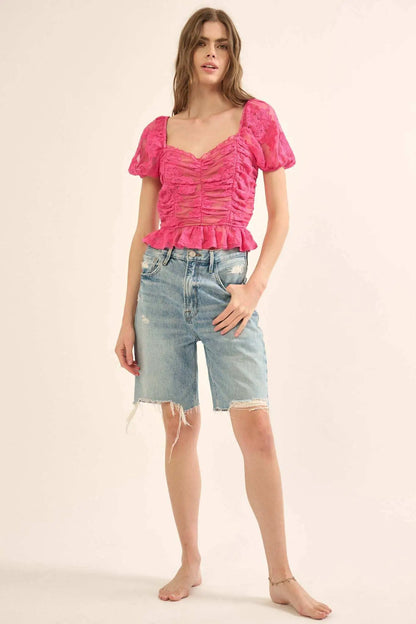 Heavenly Heart Embroidered Lace Puff-Sleeve Top