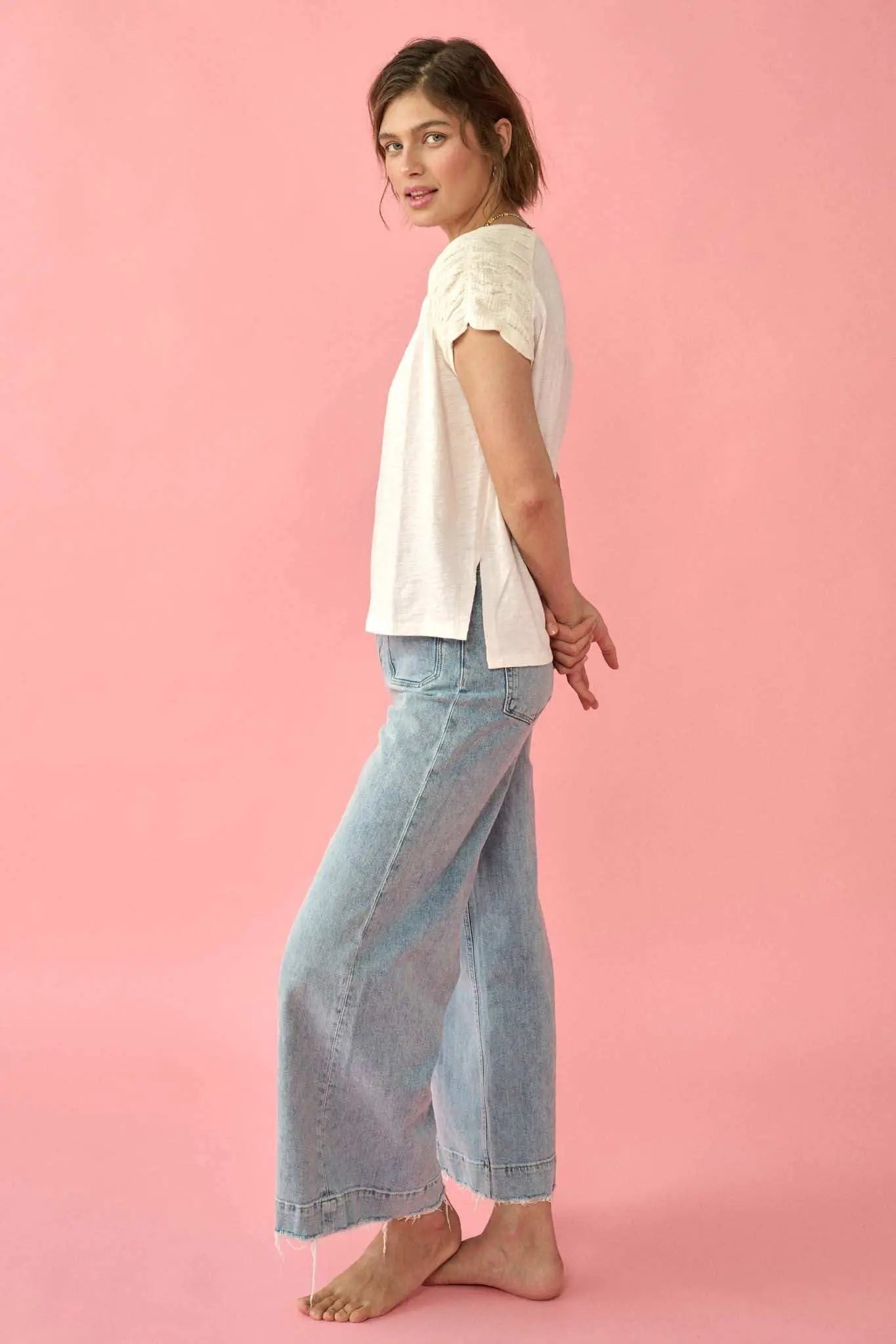 Easy Fit Ruched-Sleeve Cotton Slub Split-Neck Tee
