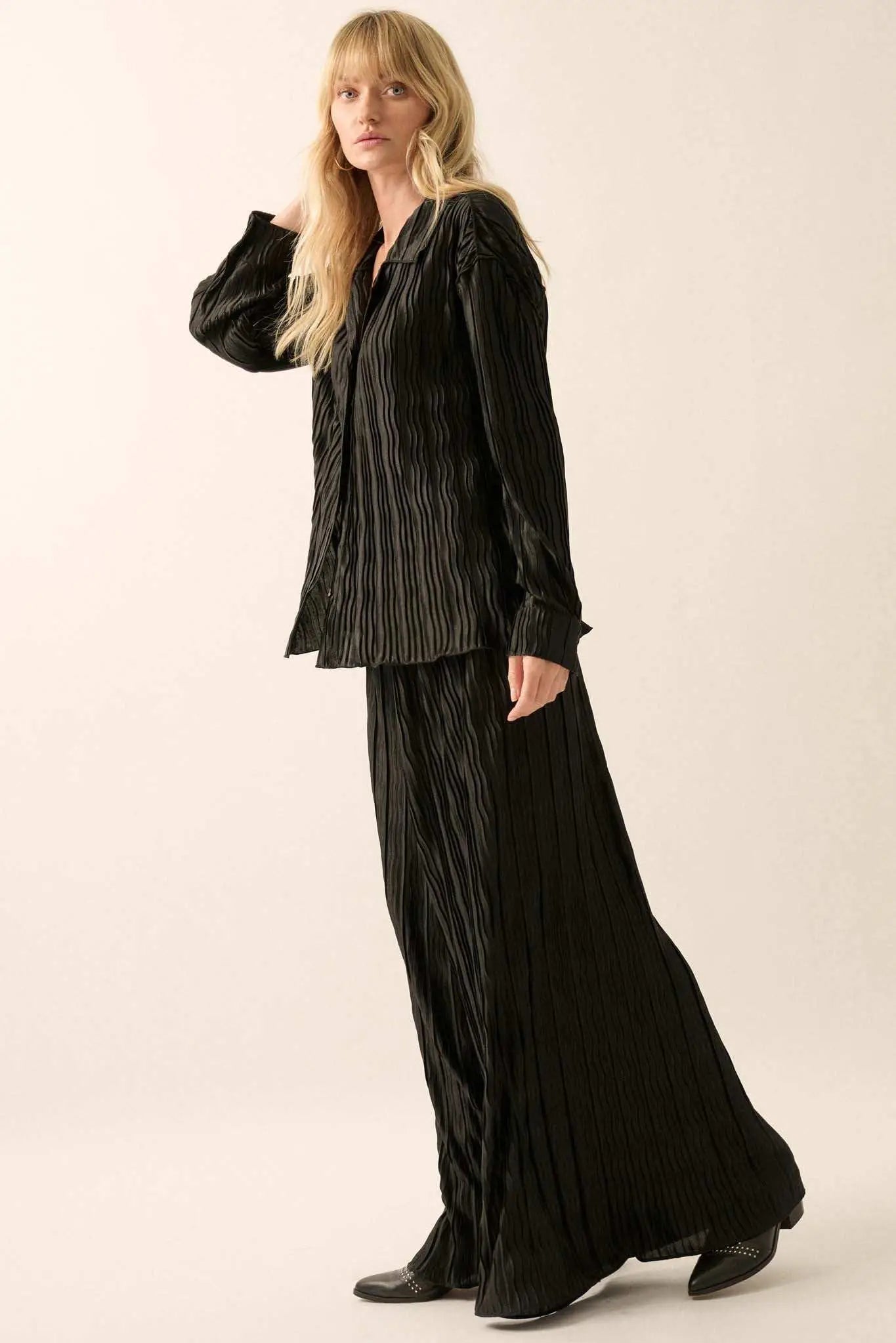Changing Tides Pleated Satin Button-Up Shirt