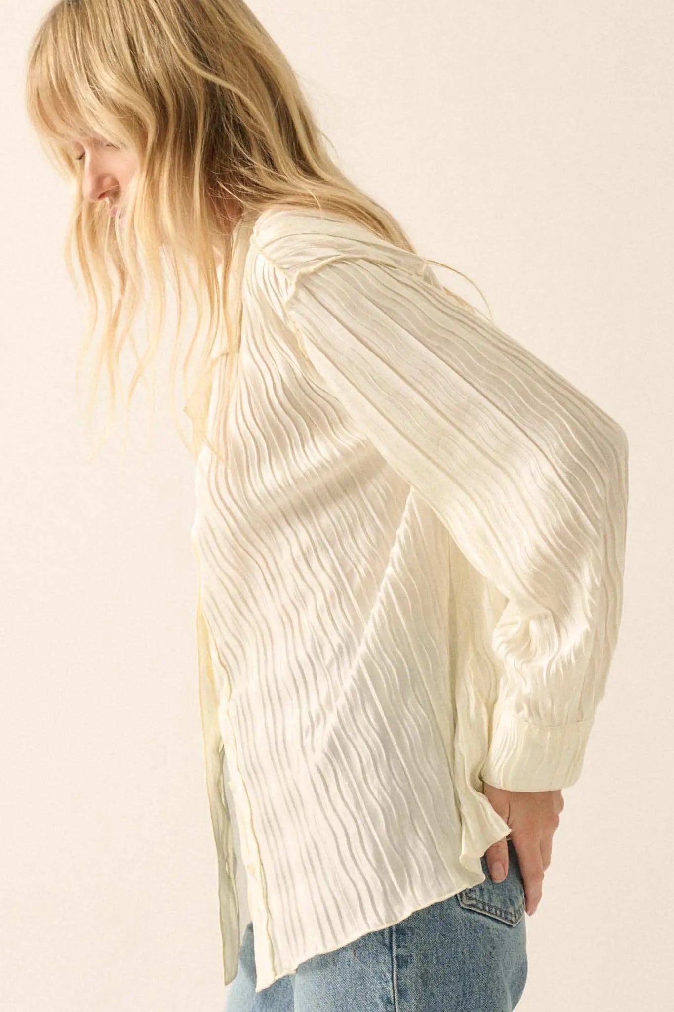 Changing Tides Pleated Satin Button-Up Shirt