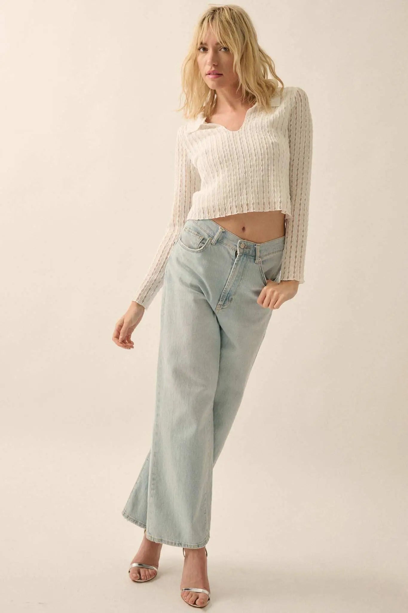 Making Waves Striped Lace Collared V-neck Top
