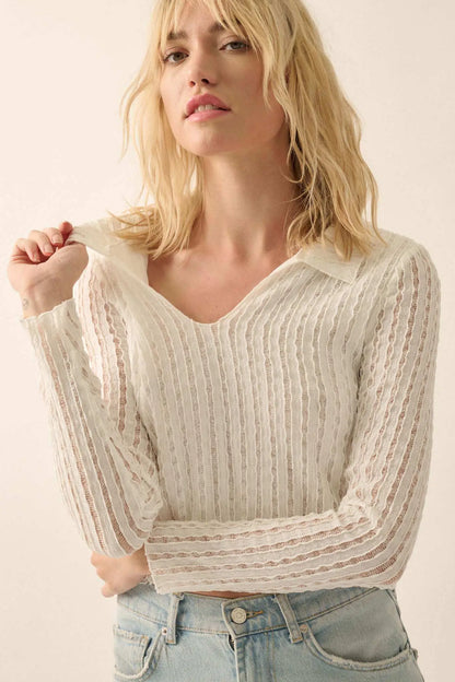 Making Waves Striped Lace Collared V-neck Top