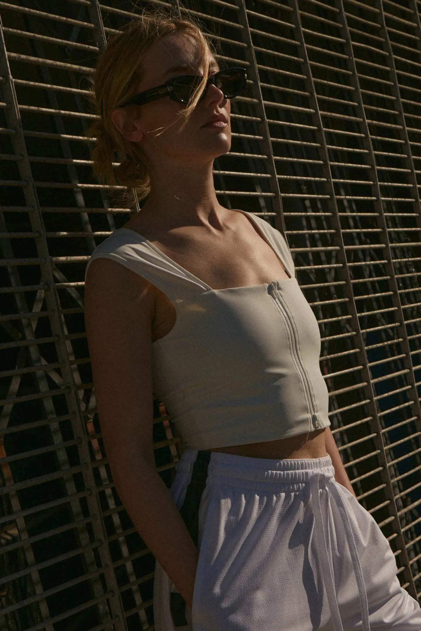 Lifted Fit Zip-Front Cropped Square-Neck Tank Top