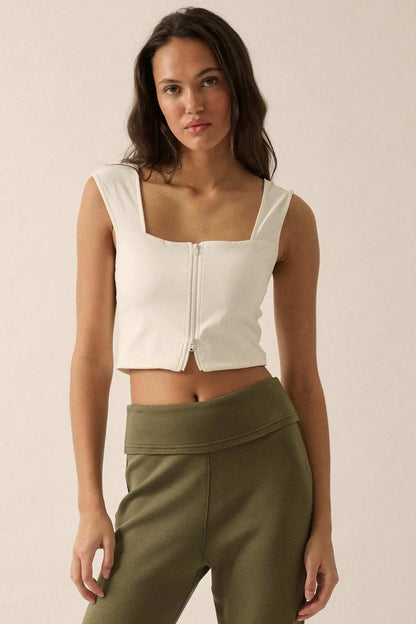 Lifted Fit Zip-Front Cropped Square-Neck Tank Top