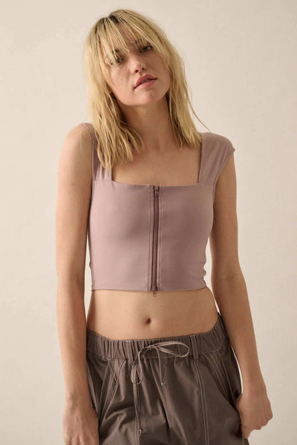 Lifted Fit Zip-Front Cropped Square-Neck Tank Top