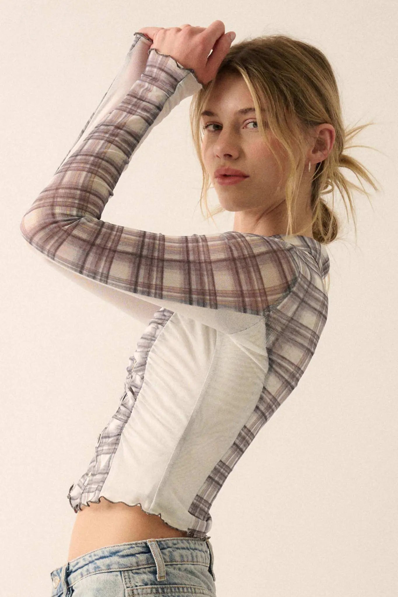 Plaid Behavior Ruched Mesh Cropped Button-Up Shirt