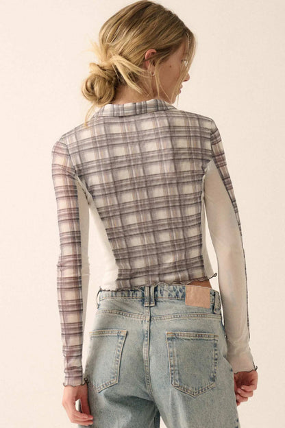 Plaid Behavior Ruched Mesh Cropped Button-Up Shirt