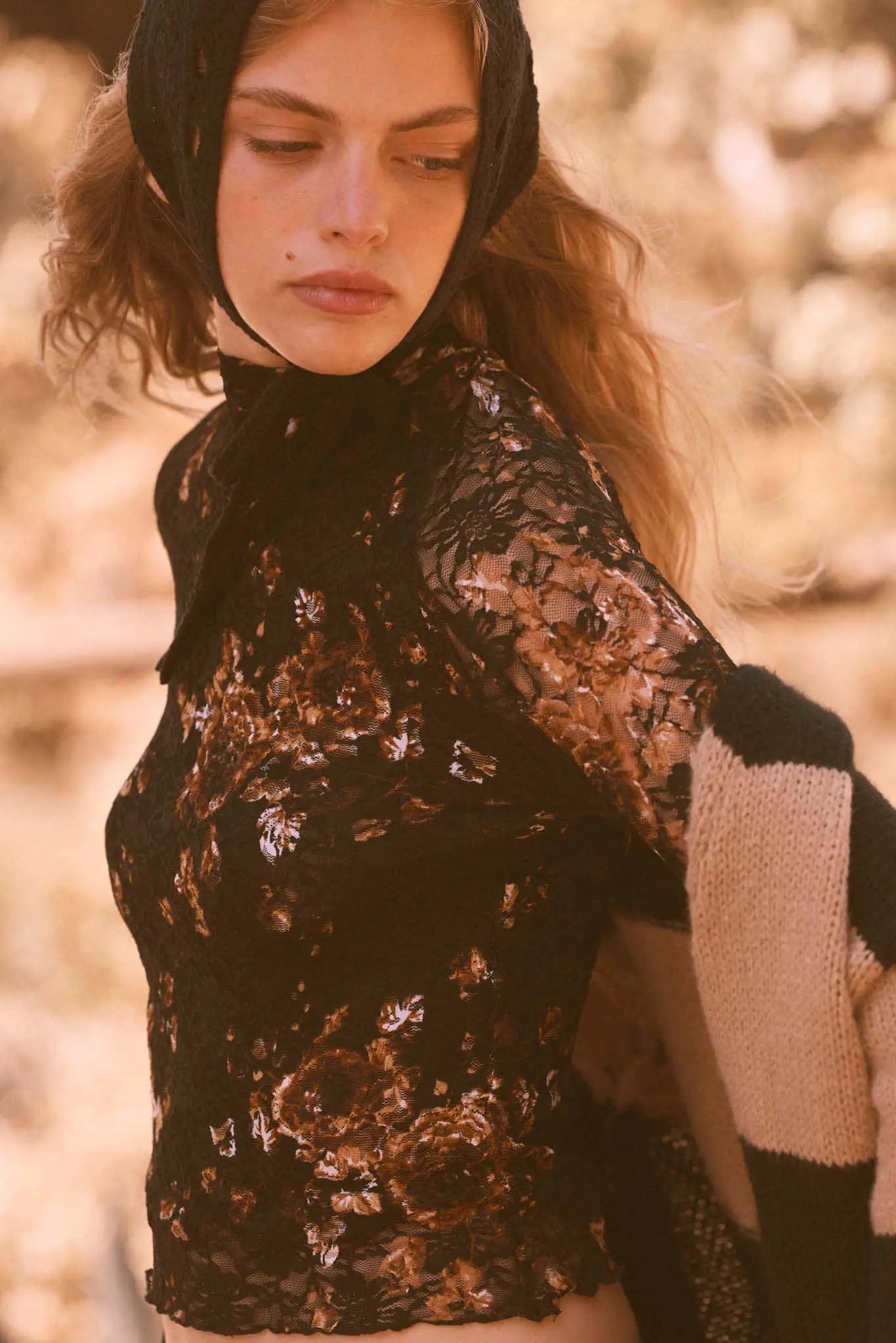 Golden Glow Floral-Print Lace Mock-Neck Top