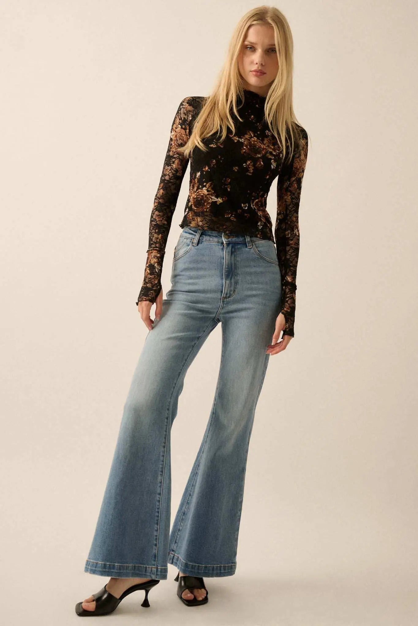Golden Glow Floral-Print Lace Mock-Neck Top