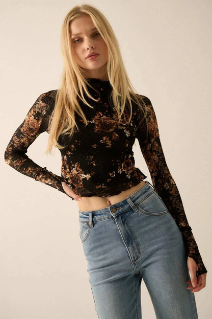 Golden Glow Floral-Print Lace Mock-Neck Top