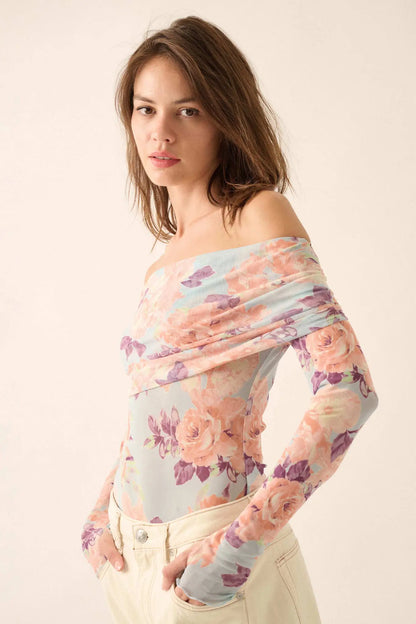 Floral Embrace Floral Mesh Foldover Bodysuit