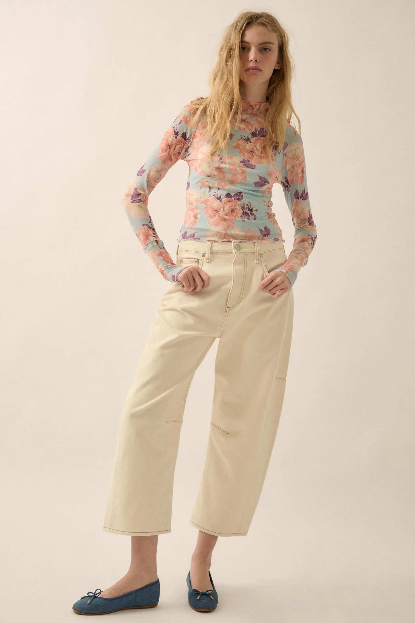 Morning Dew Floral Mesh Mock-Neck Thumbhole Top