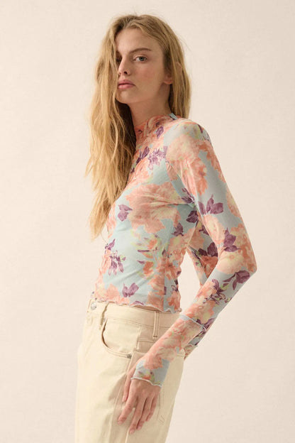 Morning Dew Floral Mesh Mock-Neck Thumbhole Top