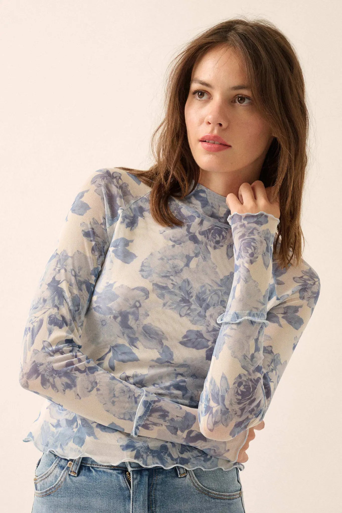 Morning Dew Floral Mesh Mock-Neck Thumbhole Top