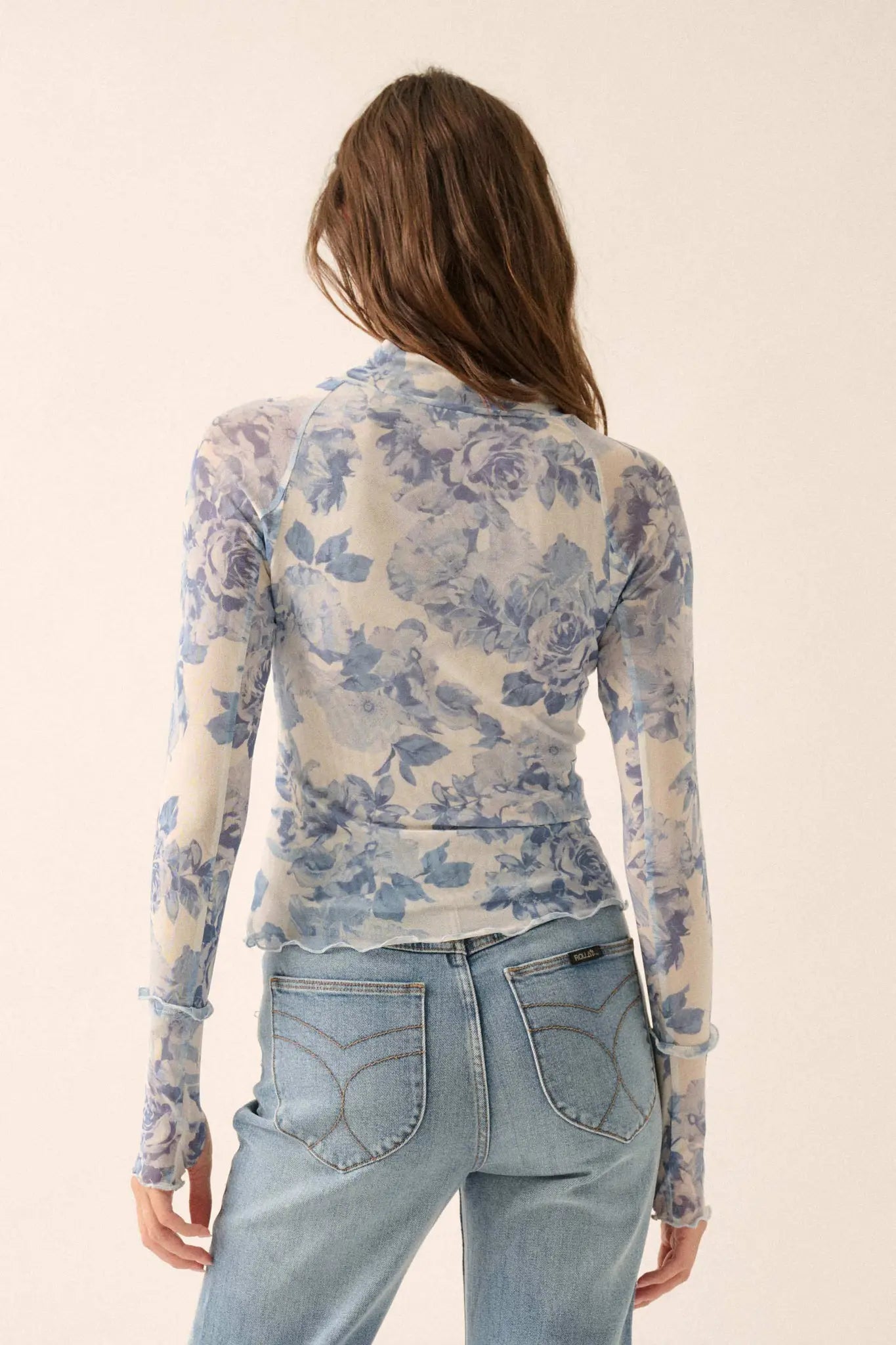 Morning Dew Floral Mesh Mock-Neck Thumbhole Top
