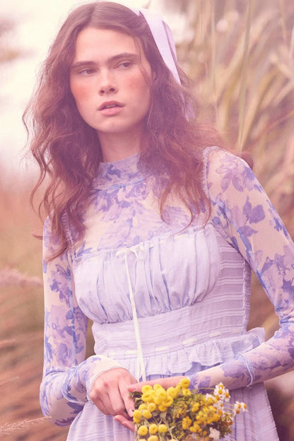 Morning Dew Floral Mesh Mock-Neck Thumbhole Top