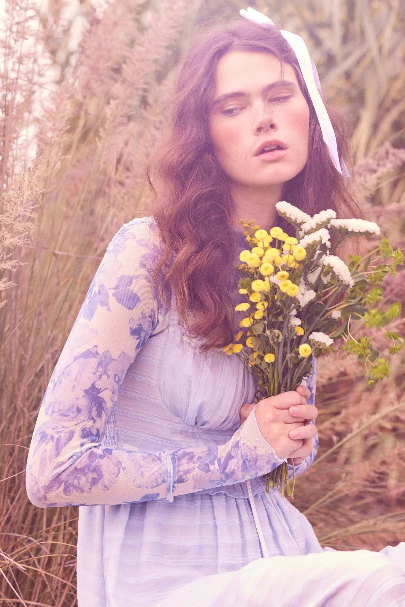 Morning Dew Floral Mesh Mock-Neck Thumbhole Top