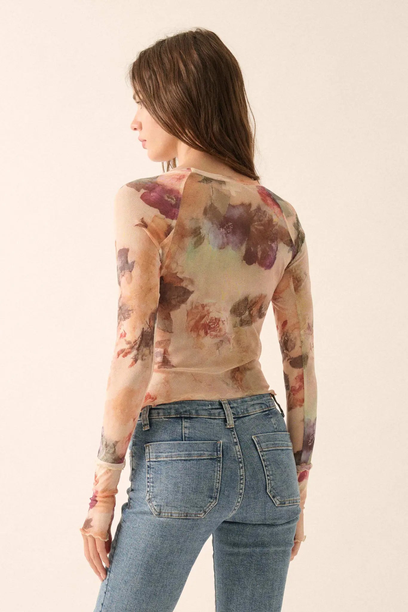 Blush Crush Floral-Print Mesh Thumbhole Top