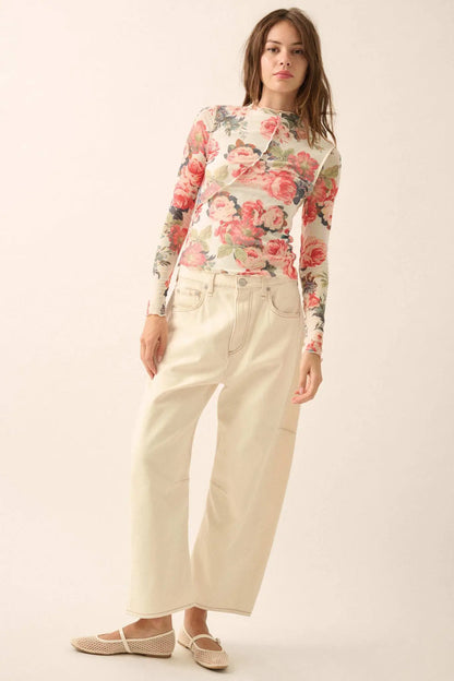 Blooming Heart Floral Mesh Exposed-Seam Top