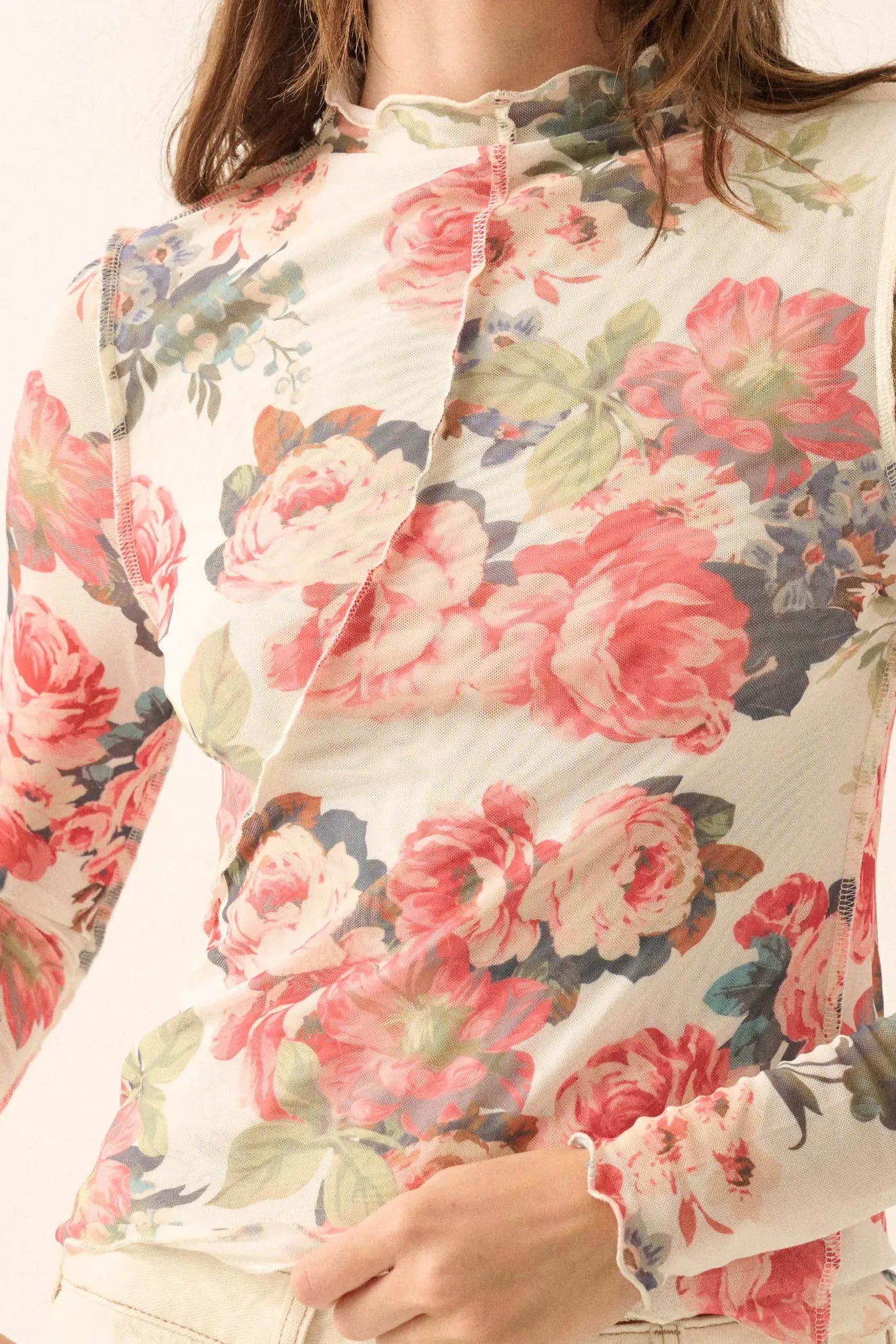 Blooming Heart Floral Mesh Exposed-Seam Top