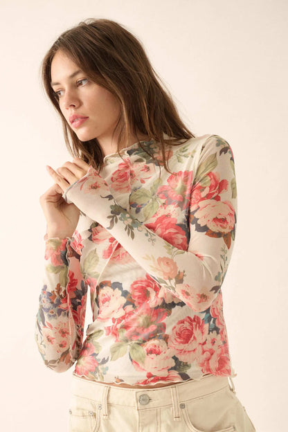 Blooming Heart Floral Mesh Exposed-Seam Top
