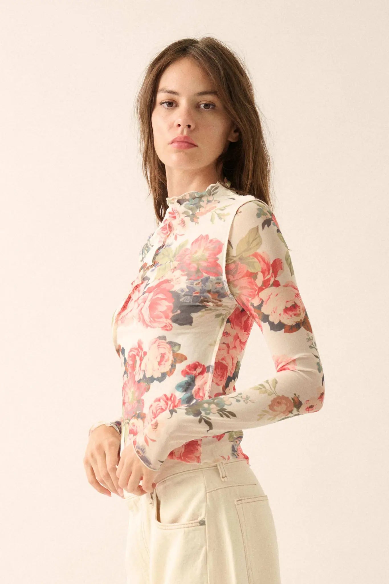 Blooming Heart Floral Mesh Exposed-Seam Top