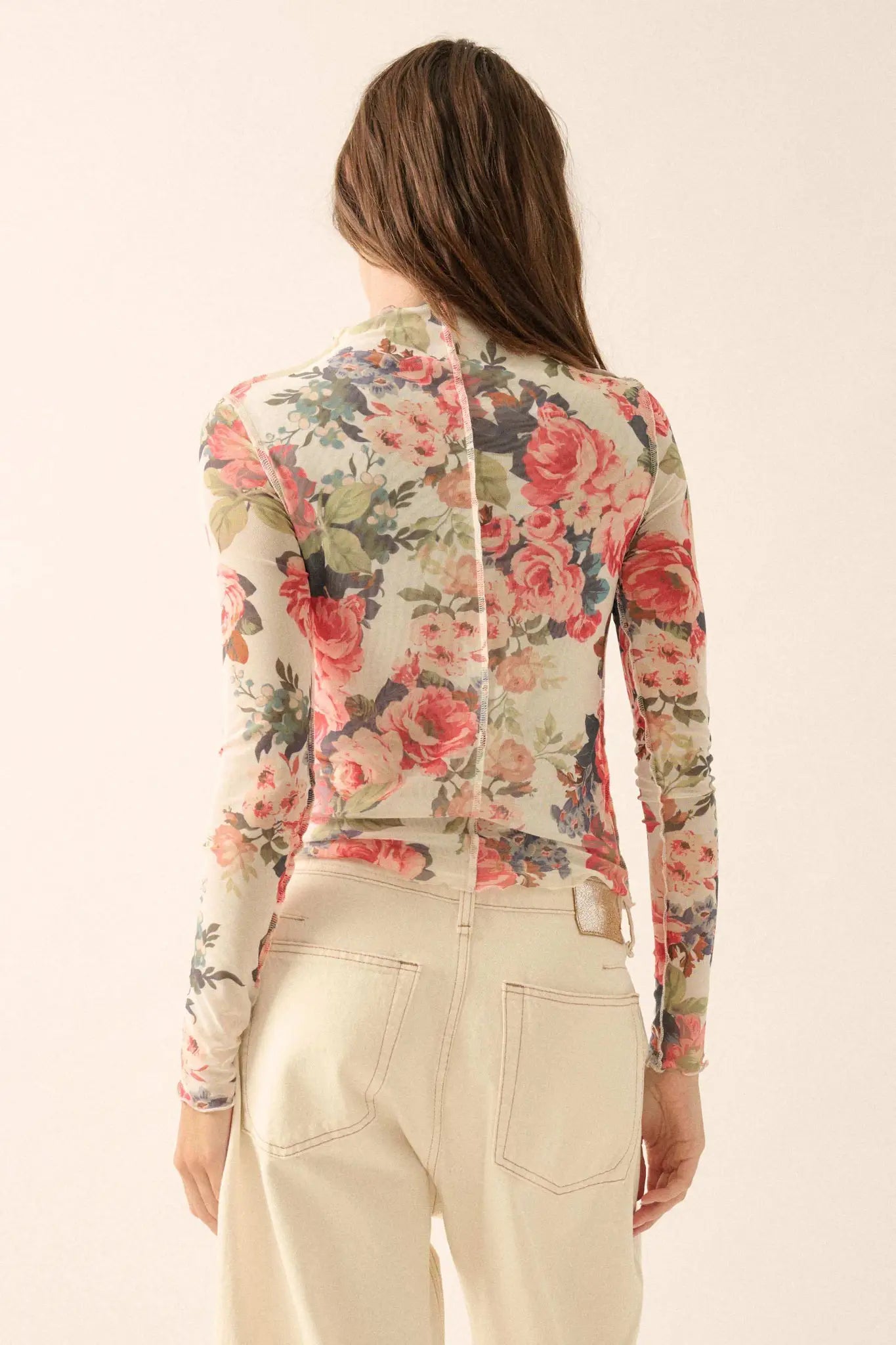Blooming Heart Floral Mesh Exposed-Seam Top