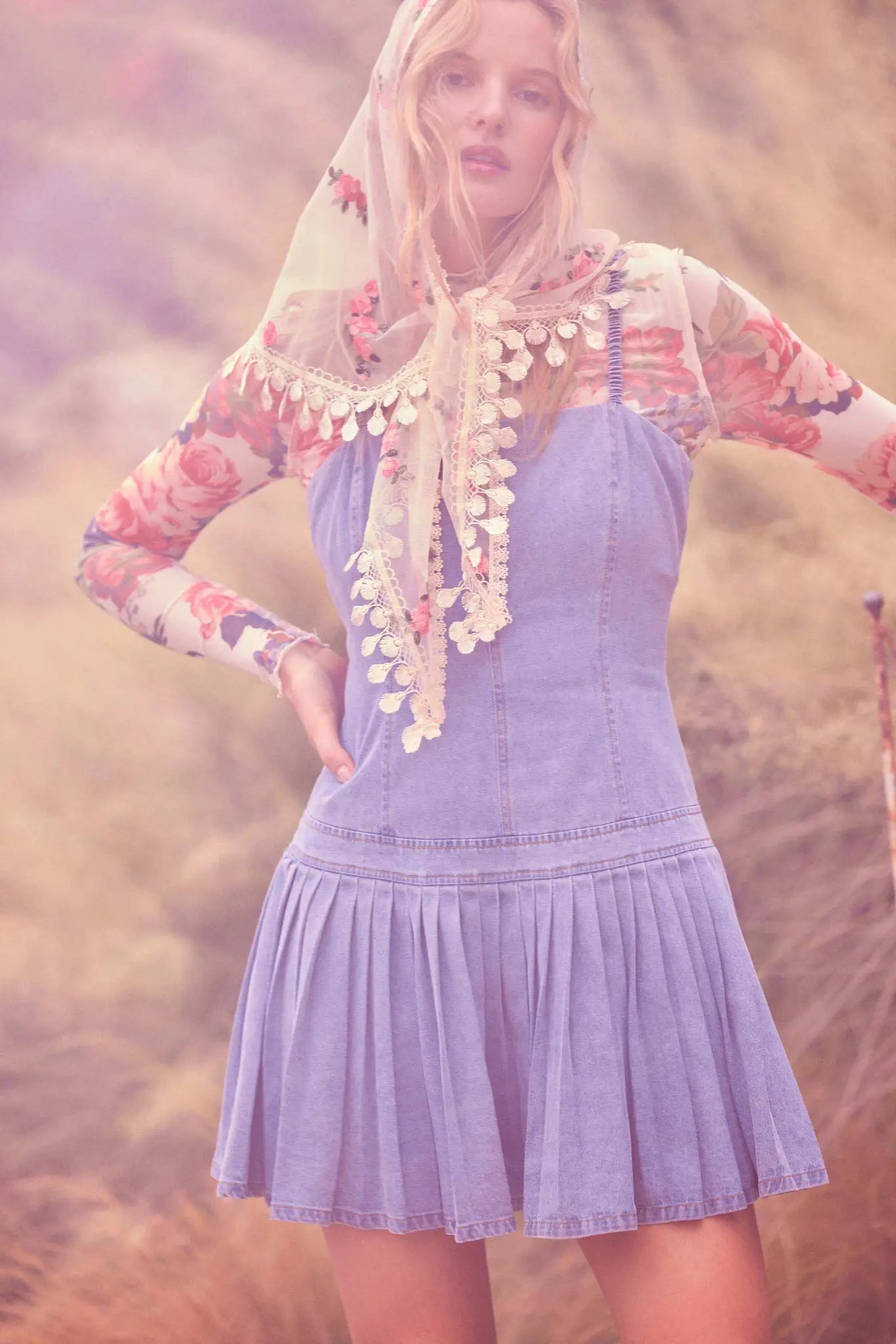 Blooming Heart Floral Mesh Exposed-Seam Top