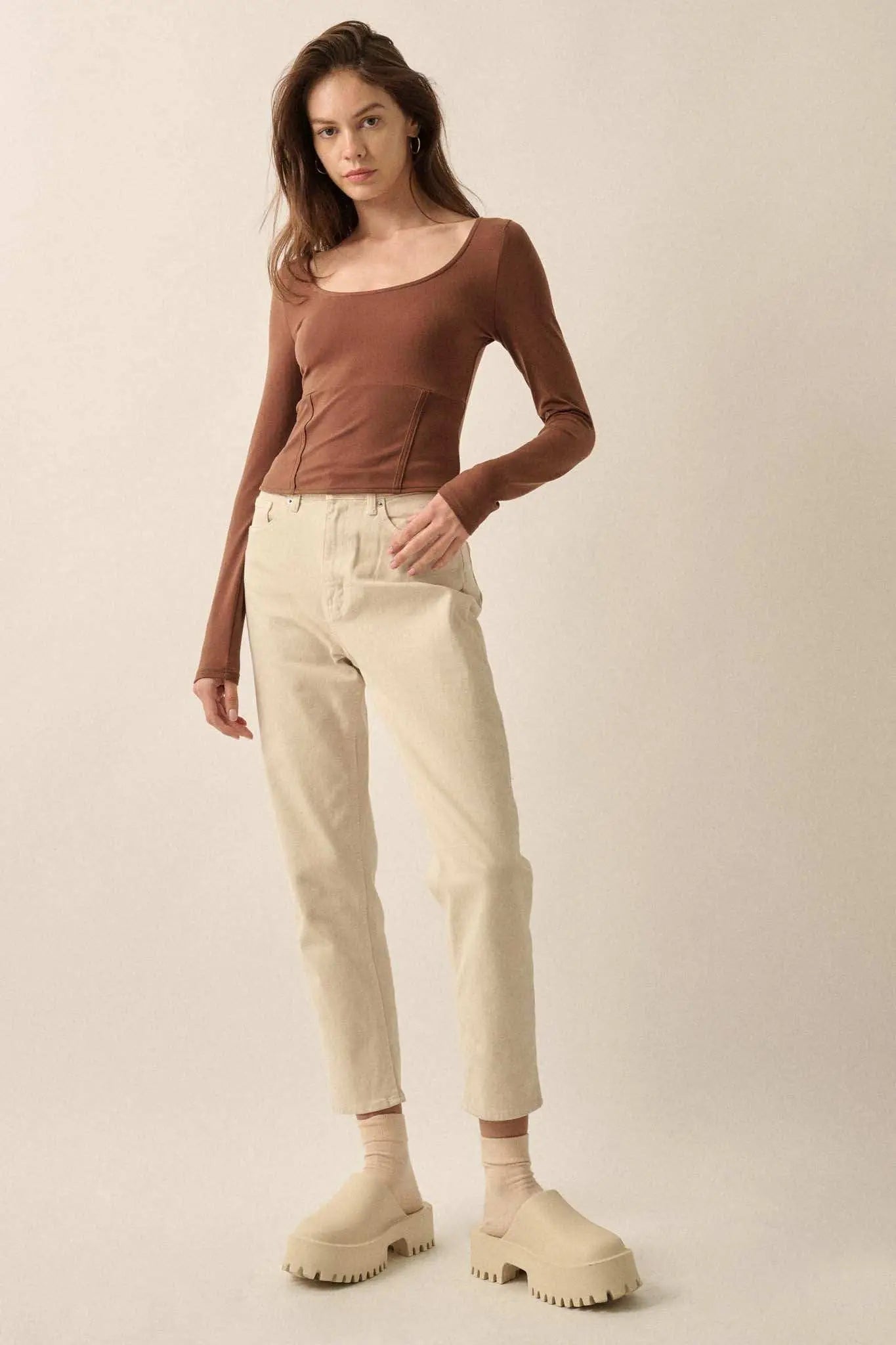 Lifted Fit Corset-Detail Long-Sleeve Top