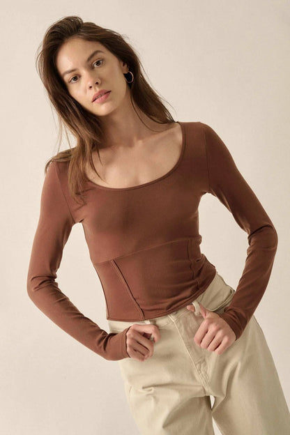 Lifted Fit Corset-Detail Long-Sleeve Top