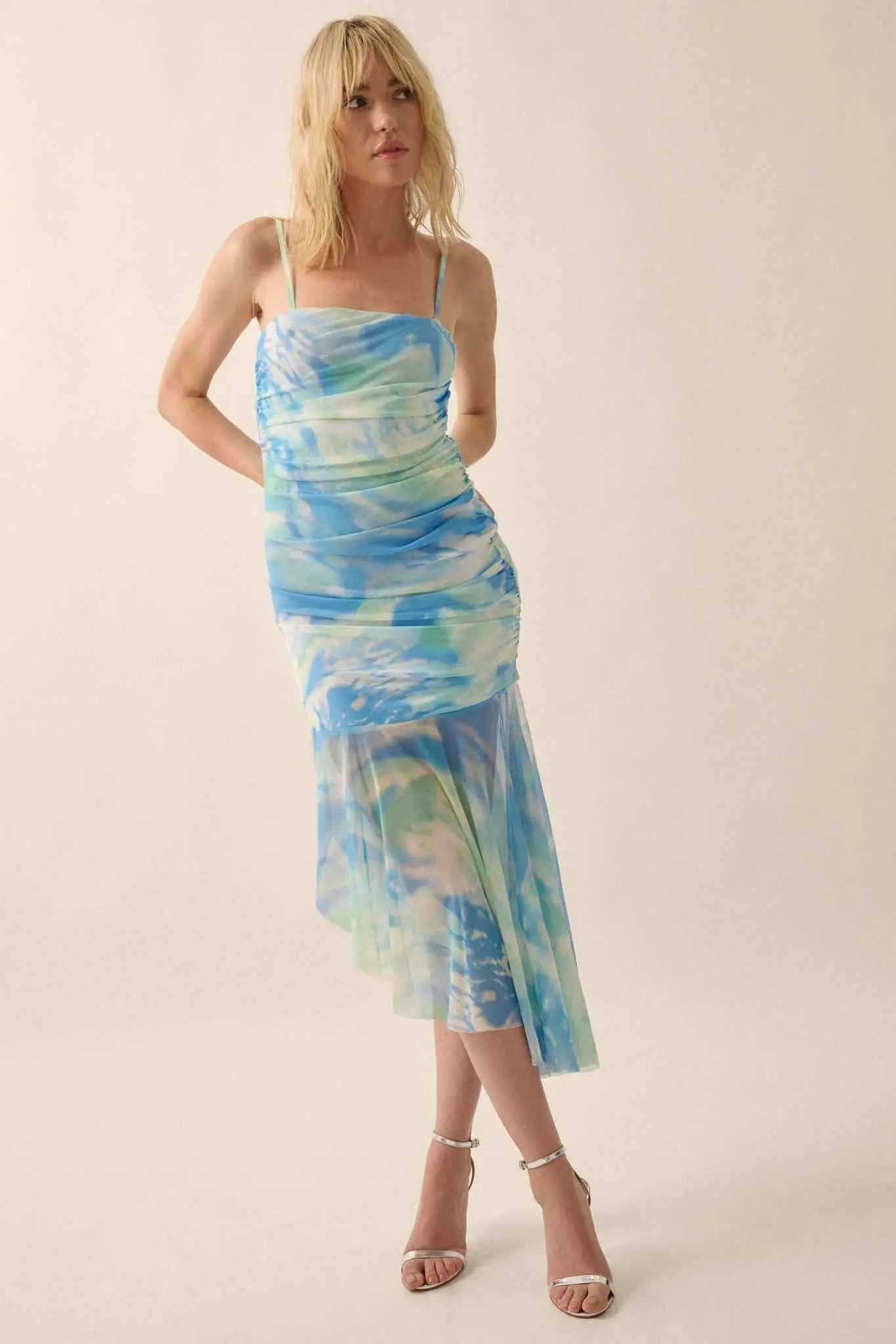 Chasing Waves Tie-Dye Mesh Drop-Waist Midi Dress