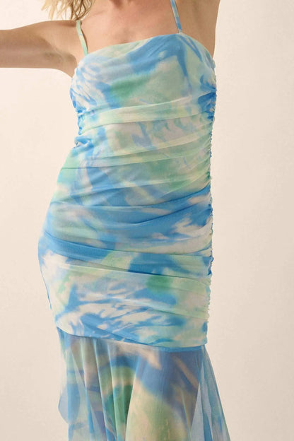 Chasing Waves Tie-Dye Mesh Drop-Waist Midi Dress