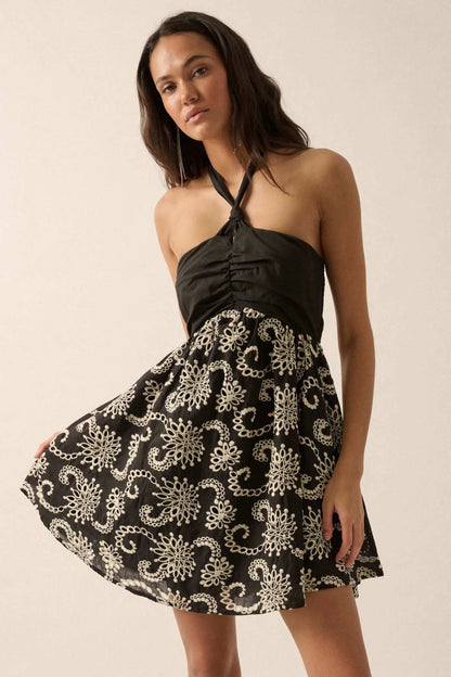 Spin Me Around Embroidered Halter Mini Dress