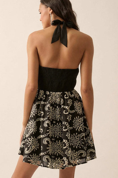 Spin Me Around Embroidered Halter Mini Dress