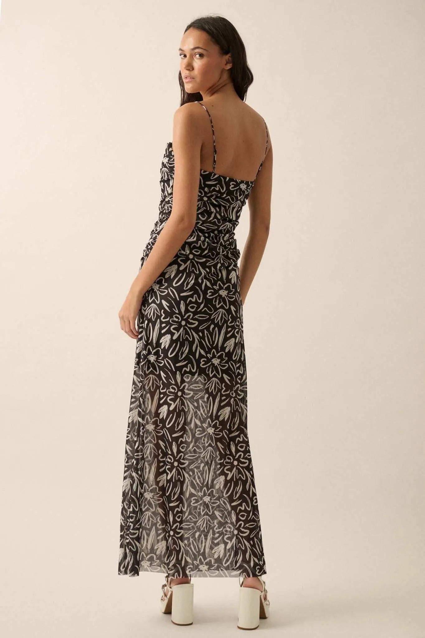 Avant Garden Floral-Print Mesh Ruched Maxi Dress